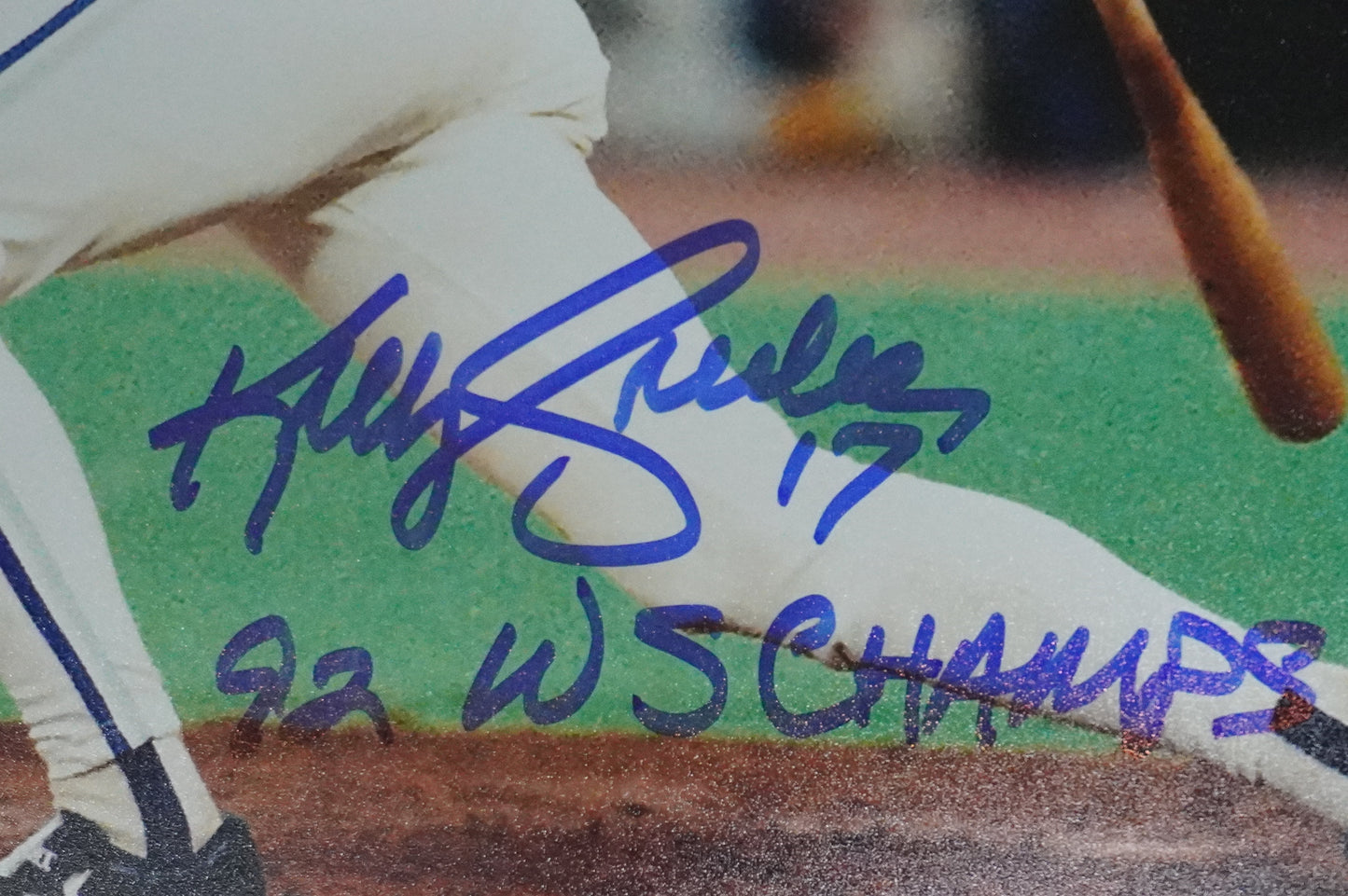 KELLY GRUBER Signed 8x10 AT-BAT Photo TORONTO BLUE JAYS w/"92 W.S Champs" BAS