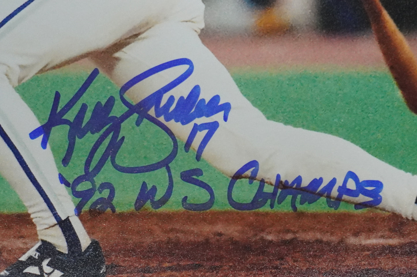 KELLY GRUBER Signed 8x10 AT-BAT Photo TORONTO BLUE JAYS w/"92 W.S Champs" BAS