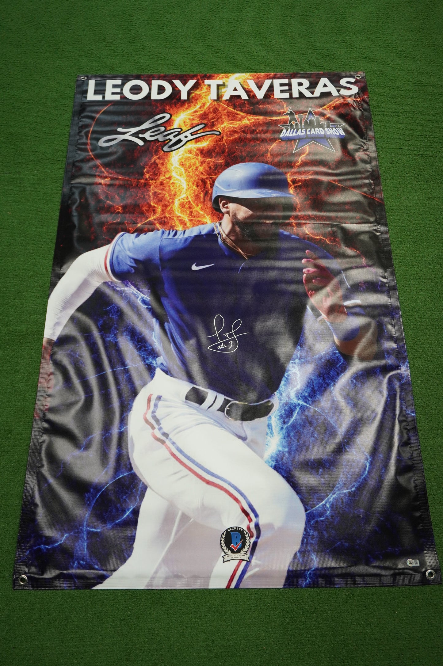 LEODY TAVERAS SIGNED TEXAS RANGERS Dallas Card Show 36x60 VINYL BANNER BAS