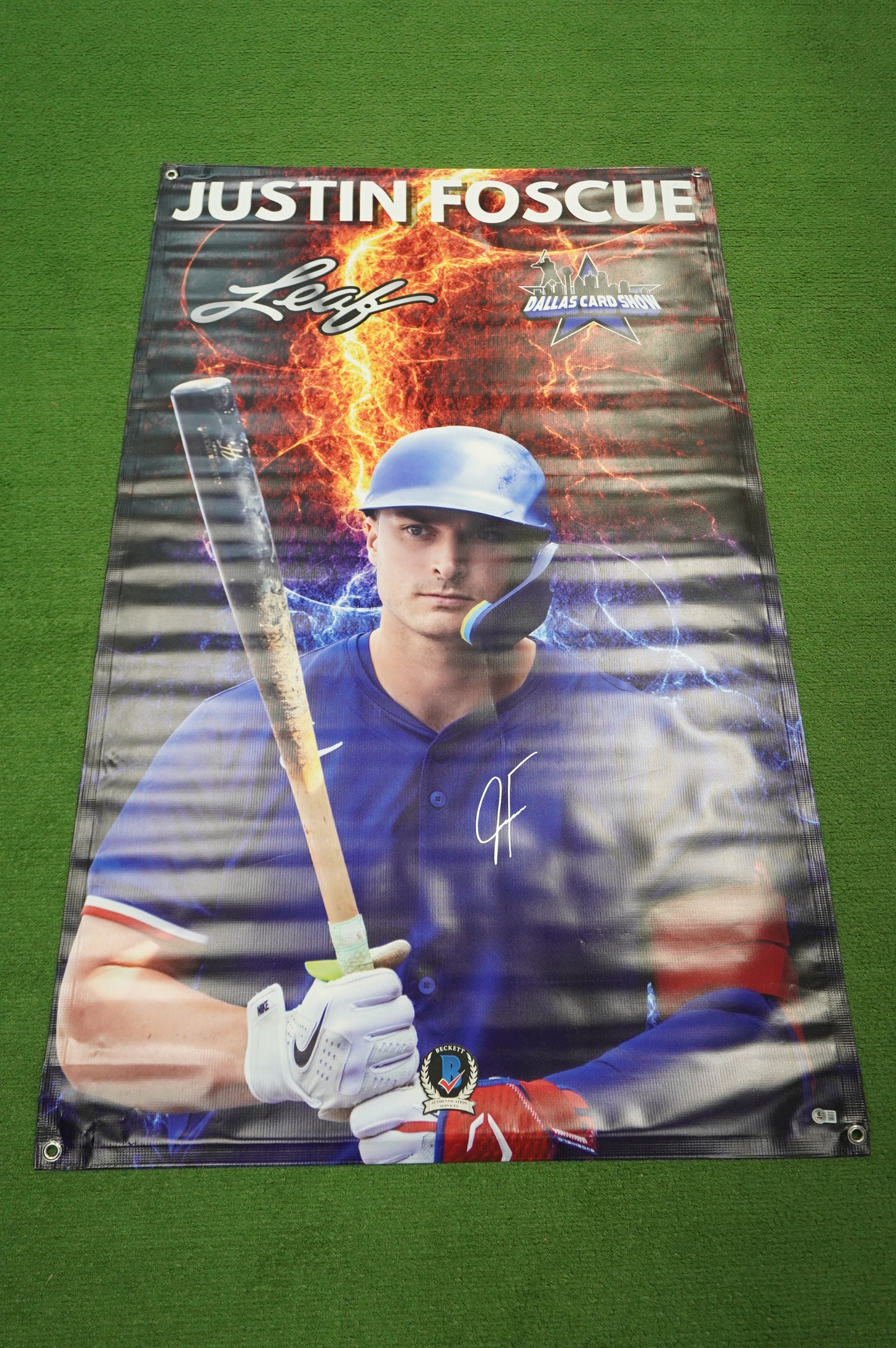 JUSTIN FOSCUE SIGNED TEXAS RANGERS Dallas Card Show 36x60 VINYL BANNER BAS