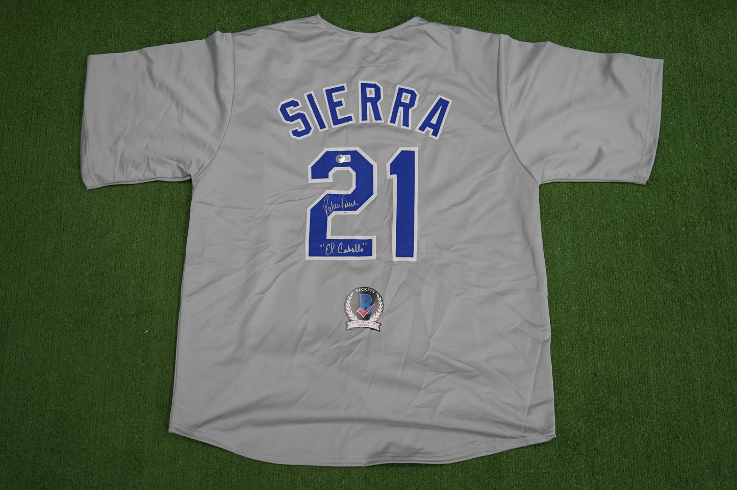 RUBEN SIERRA TEXAS RANGERS SIGNED ROAD JERSEY w/El Caballo BAS COA