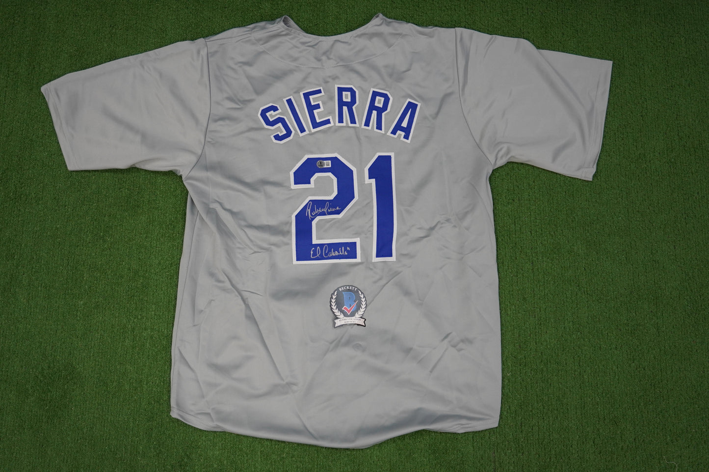 RUBEN SIERRA TEXAS RANGERS SIGNED ROAD JERSEY w/El Caballo BAS COA