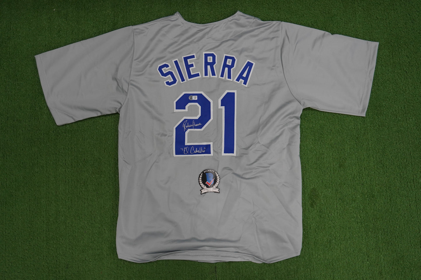 RUBEN SIERRA TEXAS RANGERS SIGNED ROAD JERSEY w/El Caballo BAS COA