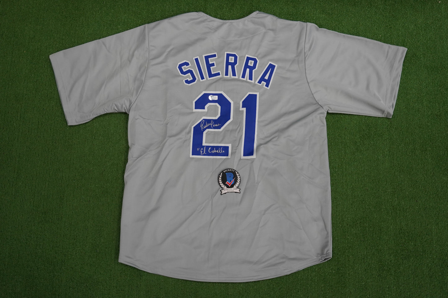 RUBEN SIERRA TEXAS RANGERS SIGNED ROAD JERSEY w/El Caballo BAS COA