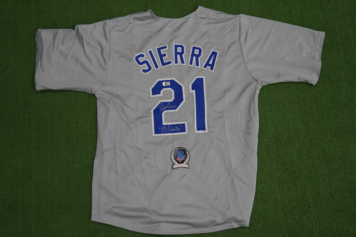 RUBEN SIERRA TEXAS RANGERS SIGNED ROAD JERSEY w/El Caballo BAS COA