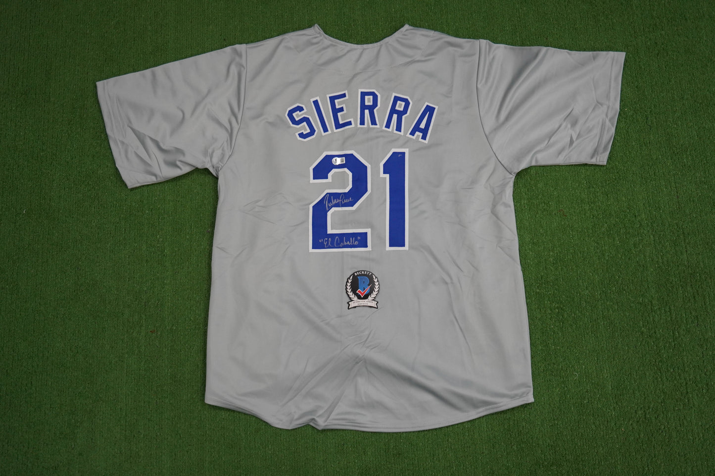 RUBEN SIERRA TEXAS RANGERS SIGNED ROAD JERSEY w/El Caballo BAS COA