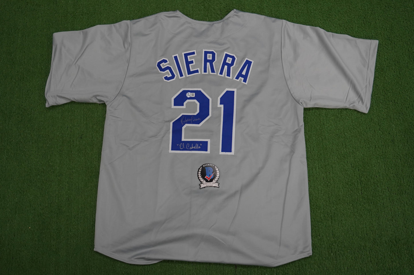 RUBEN SIERRA TEXAS RANGERS SIGNED ROAD JERSEY w/El Caballo BAS COA