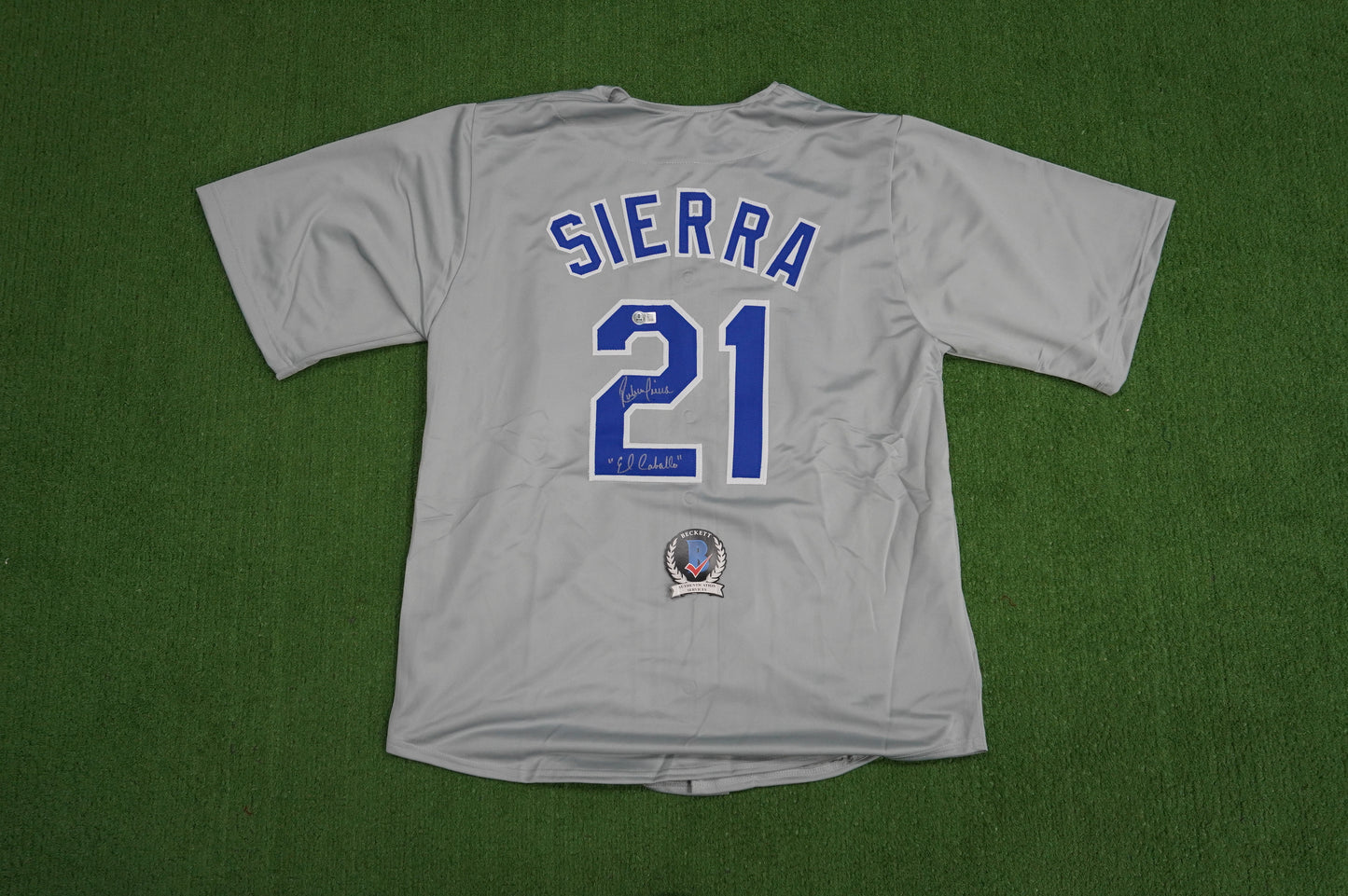 RUBEN SIERRA TEXAS RANGERS SIGNED ROAD JERSEY w/El Caballo BAS COA