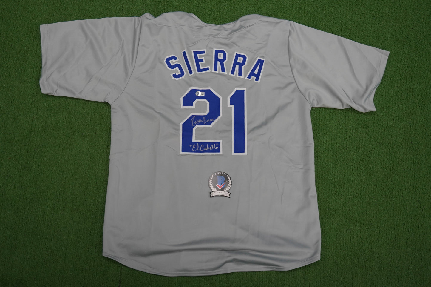RUBEN SIERRA TEXAS RANGERS SIGNED ROAD JERSEY w/El Caballo BAS COA