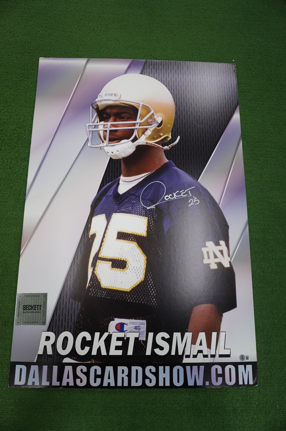 ROCKET ISMAIL NOTRE DAME FIGHTING IRISH SIGNED 24x36 Dallas Card Show FOAM BOARD BAS