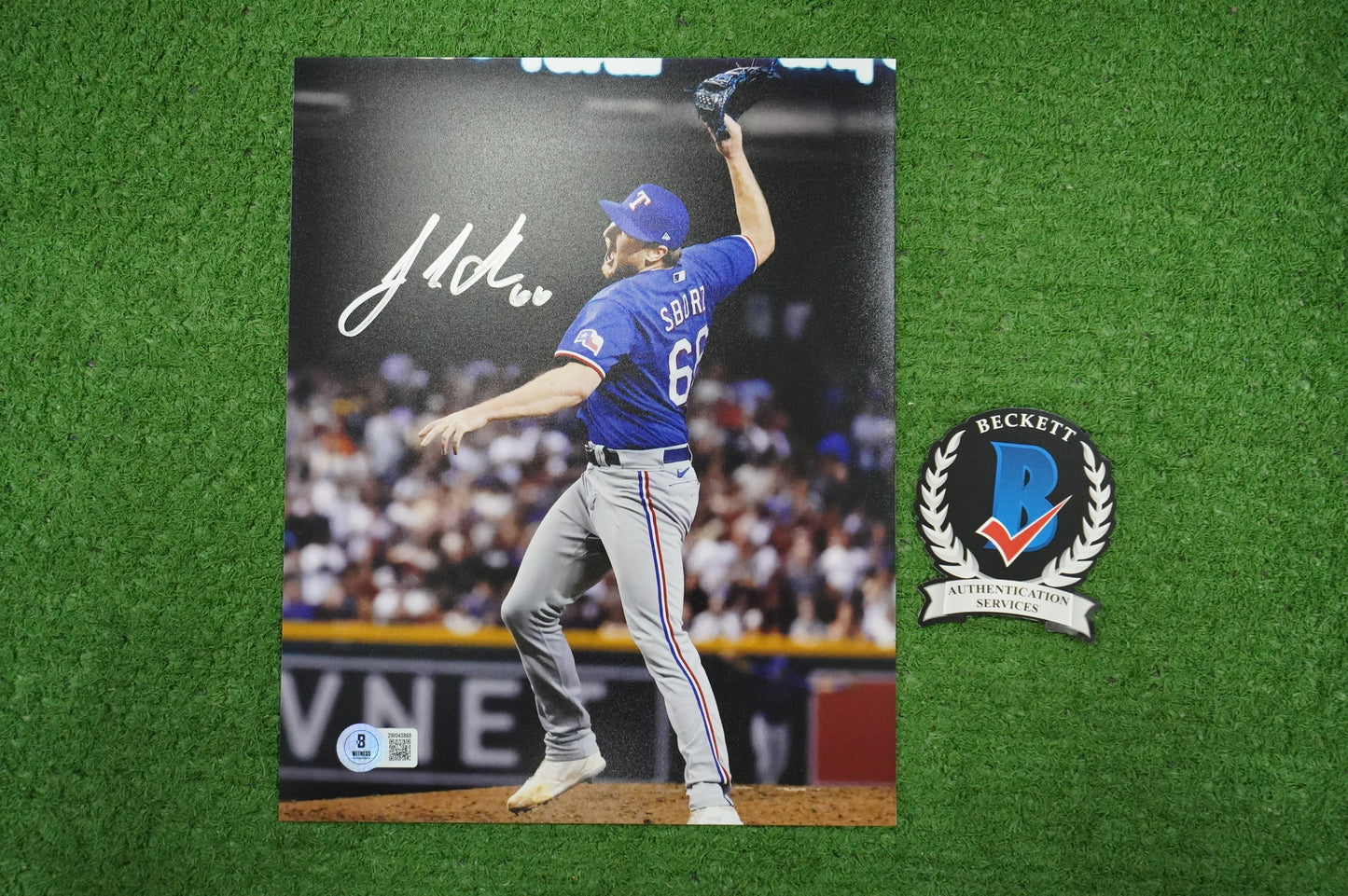 JOSH SBORZ TEXAS RANGERS SIGNED 8x10 PHOTO World Series Glove Slam BAS COA