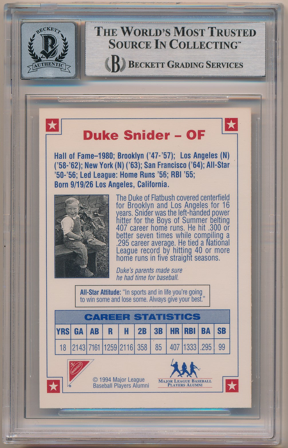 1994 NABISCO ALL-STAR AUTOGRAPHS #4 DUKE SNIDER AUTHENIC AUTO BAS 10