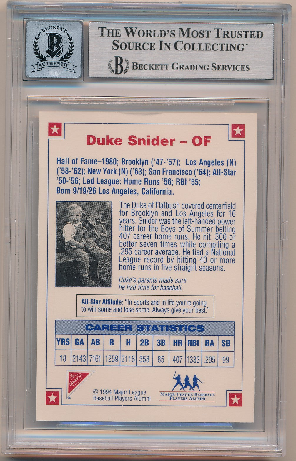 1994 NABISCO ALL-STAR AUTOGRAPHS #4 DUKE SNIDER AUTHENIC AUTO BAS 10