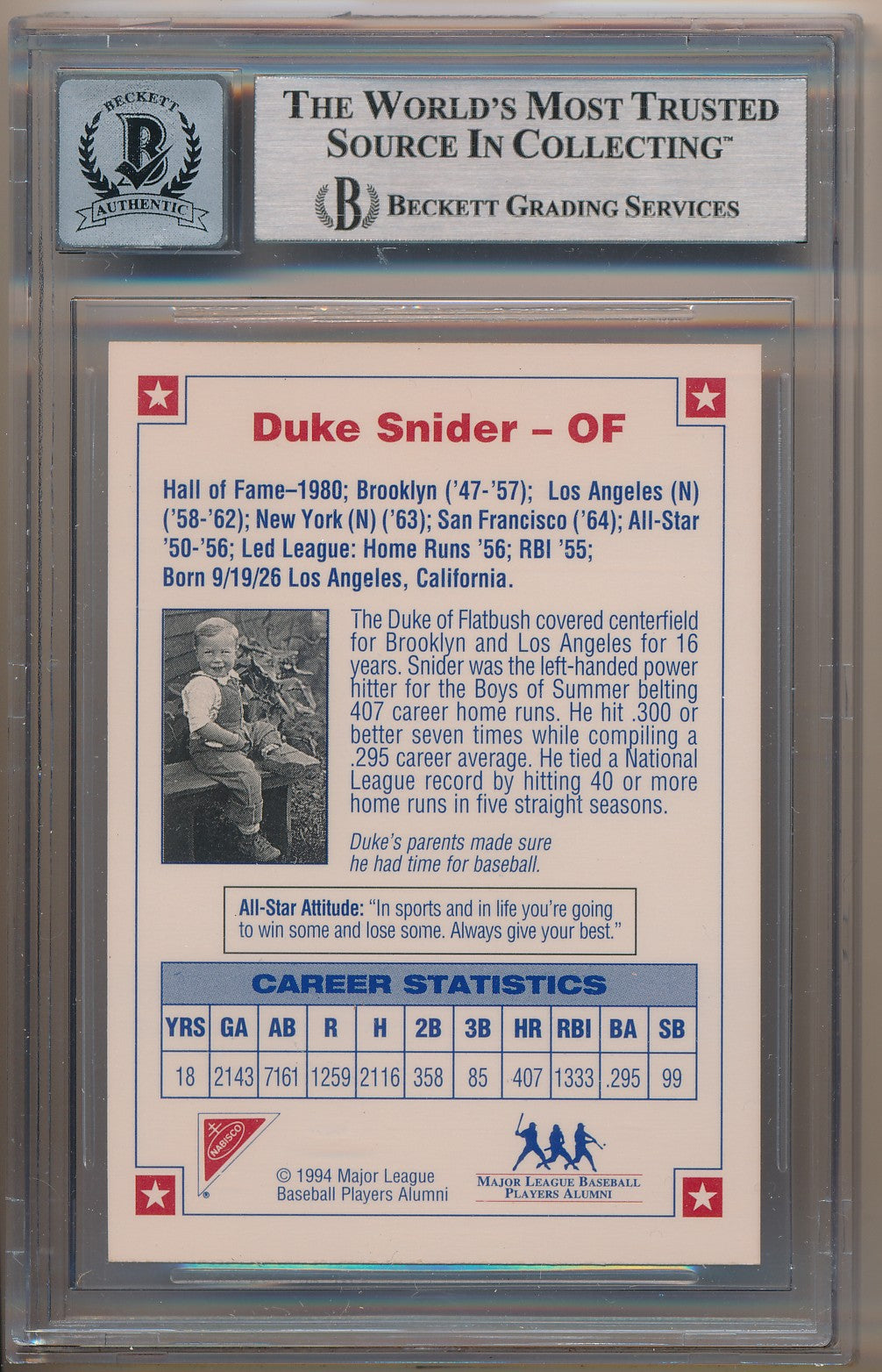 1994 NABISCO ALL-STAR AUTOGRAPHS #4 DUKE SNIDER AUTHENIC AUTO BAS 10