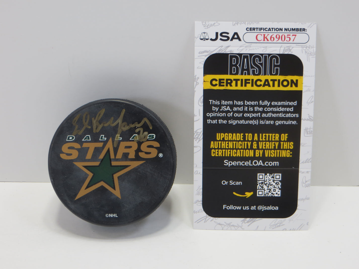 ED BELFOUR SIGNED DALLAS STARS PUCK CUP LOGO JSA