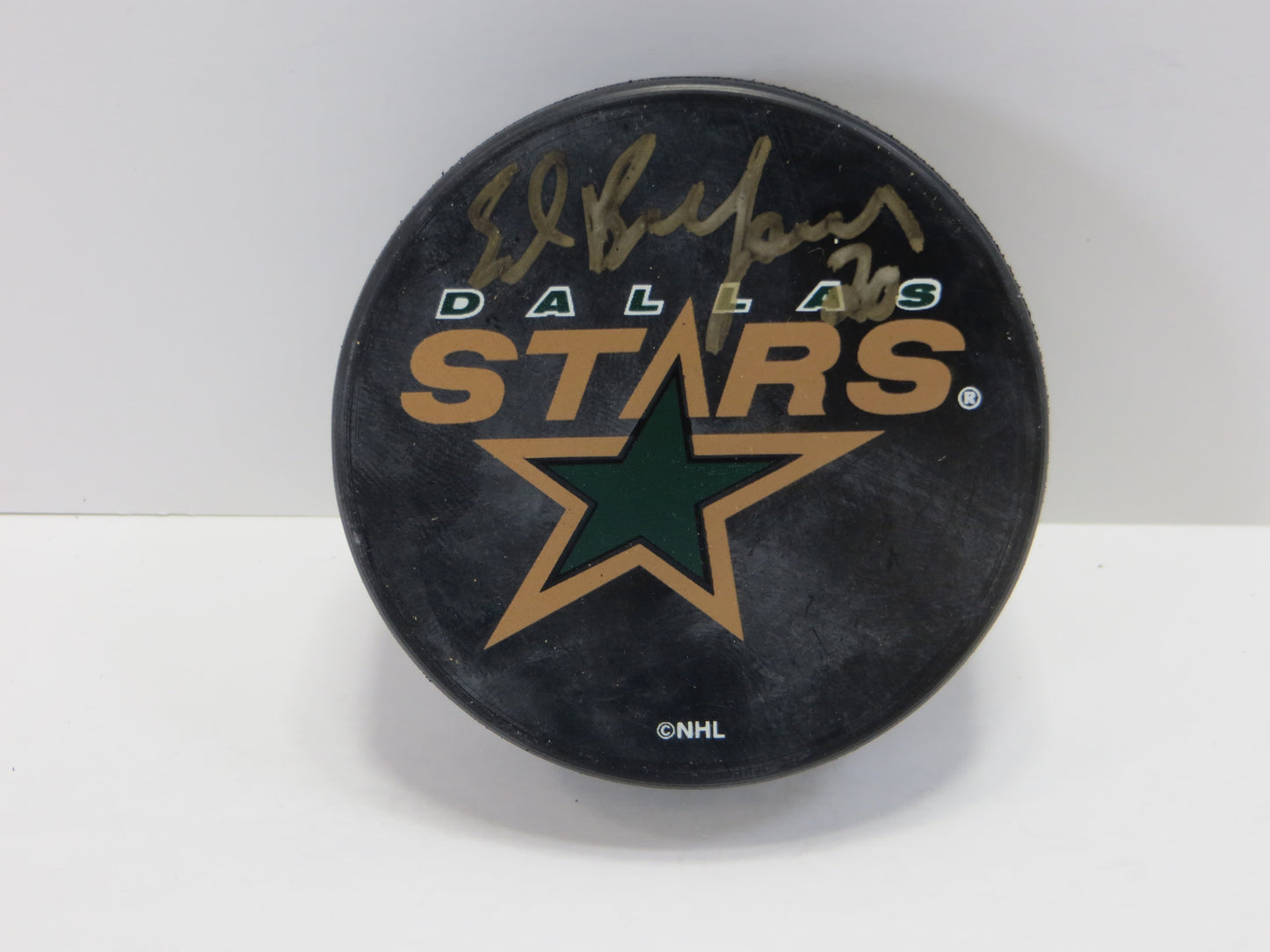 ED BELFOUR SIGNED DALLAS STARS PUCK CUP LOGO JSA