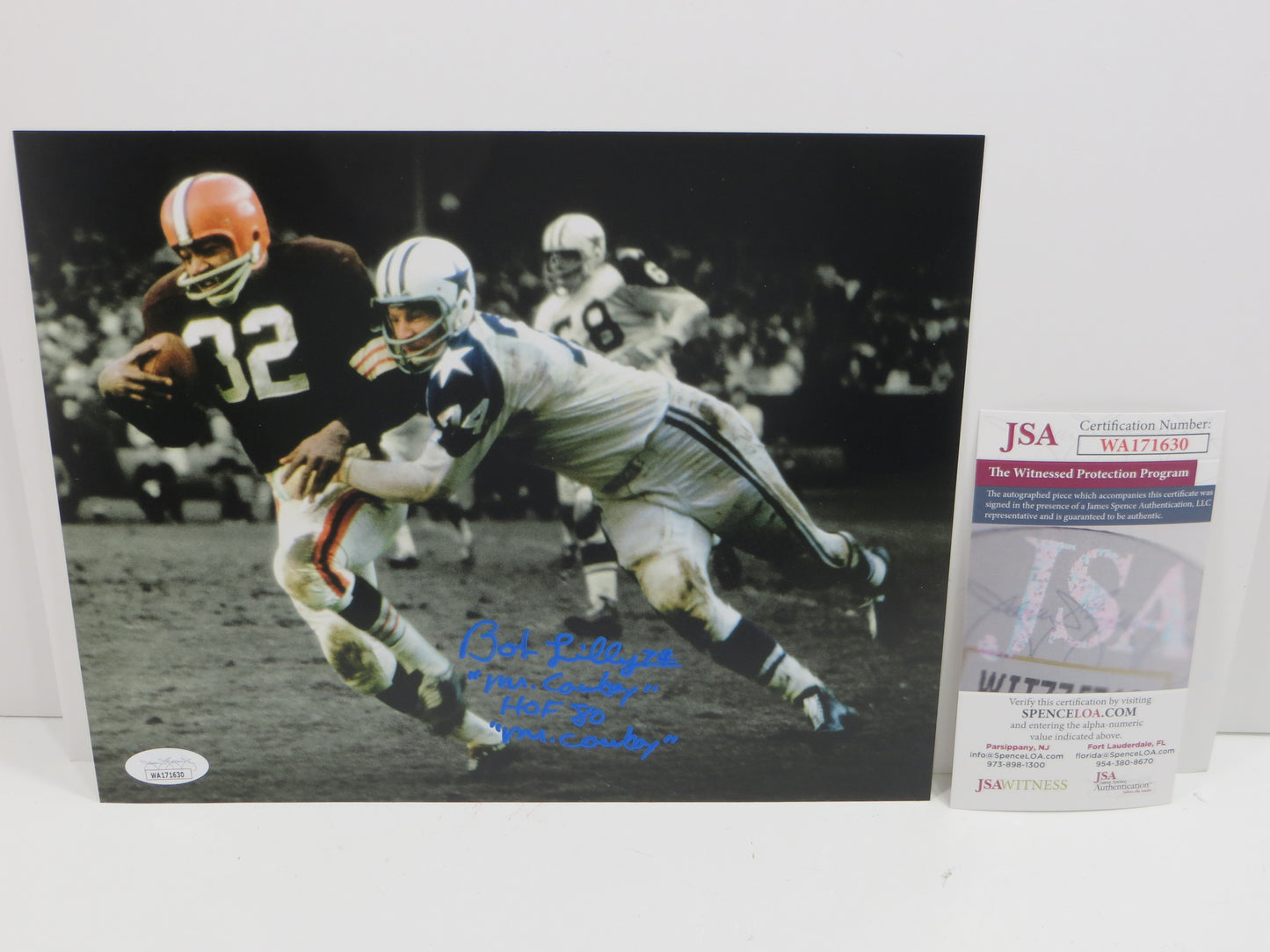 BOB LILLY DALLAS COWBOYS SIGNED 8x10 PHOTO vs Jim Brown w/MULTI STATS JSA PROOF