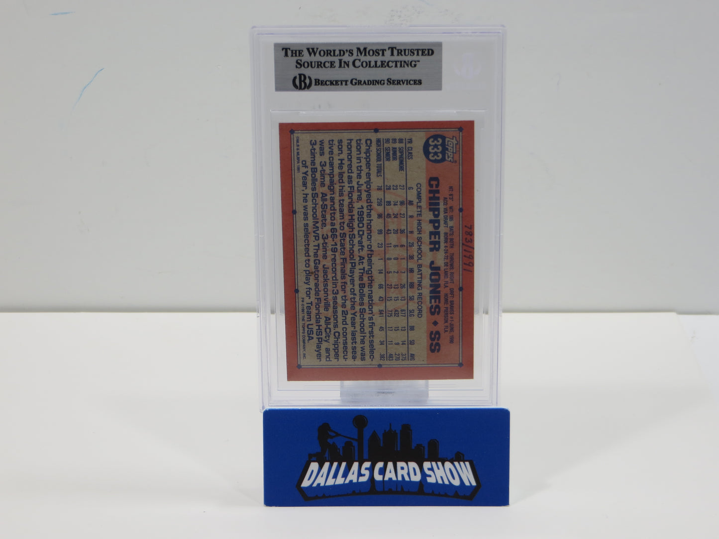 CHIPPER JONES SIGNED 1991 TOPPS Rookie Baseball Card #333 BGS BAS SLAB Authentic