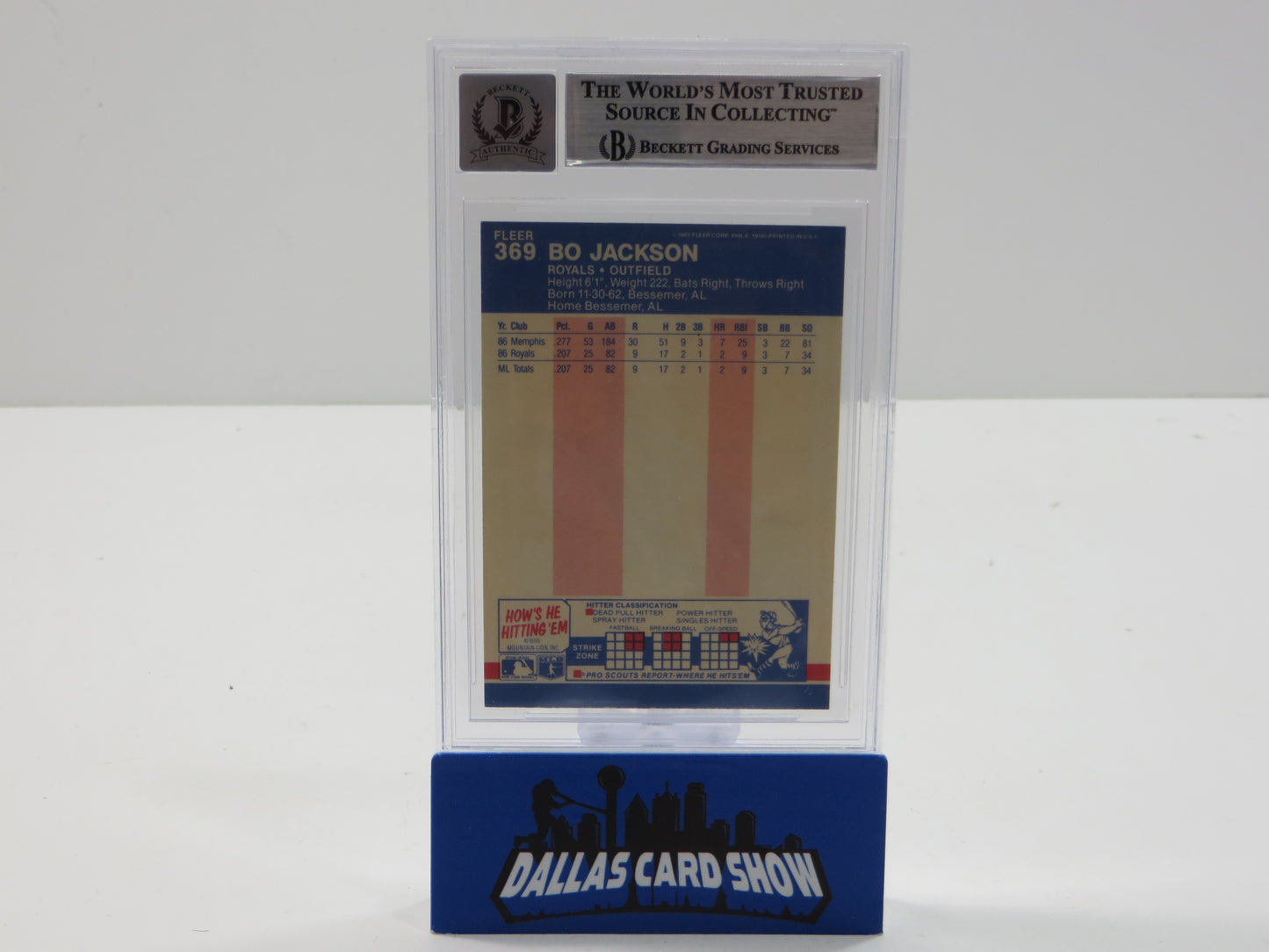 BO JACKSON SIGNED 1987 FLEER #369 KC ROYALS BGS BAS SLAB AUTO 10