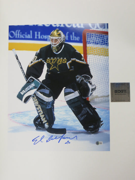 ED BELFOUR Dallas Stars SIGNED In Goal 16x20 PHOTO Leafs Blackhawks BAS COA
