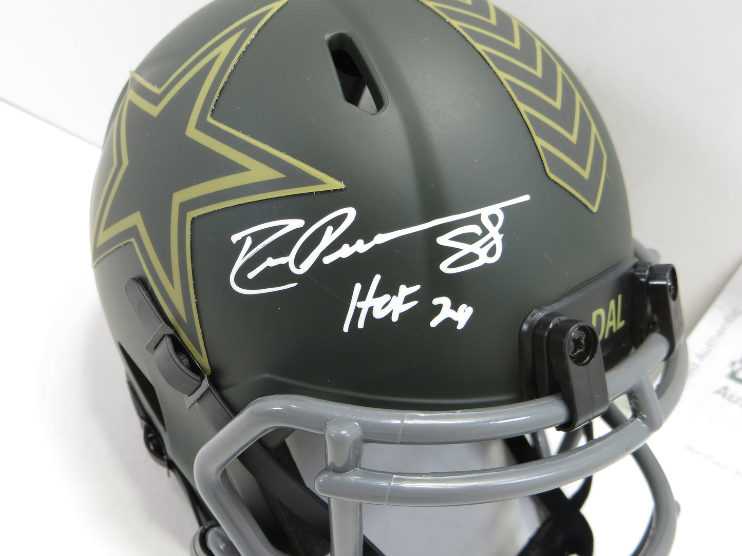 DREW PEARSON DALLAS COWBOYS SIGNED SALUTE TO SERVICE Mini Helmet w/HOF 21 BAS COA