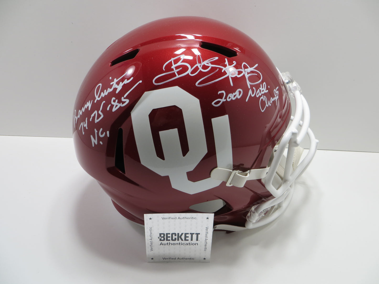 BARRY SWITZER BOB STOOPS SIGNED OKLAHOMA OU SOONERS FULL SIZE HELMET BAS