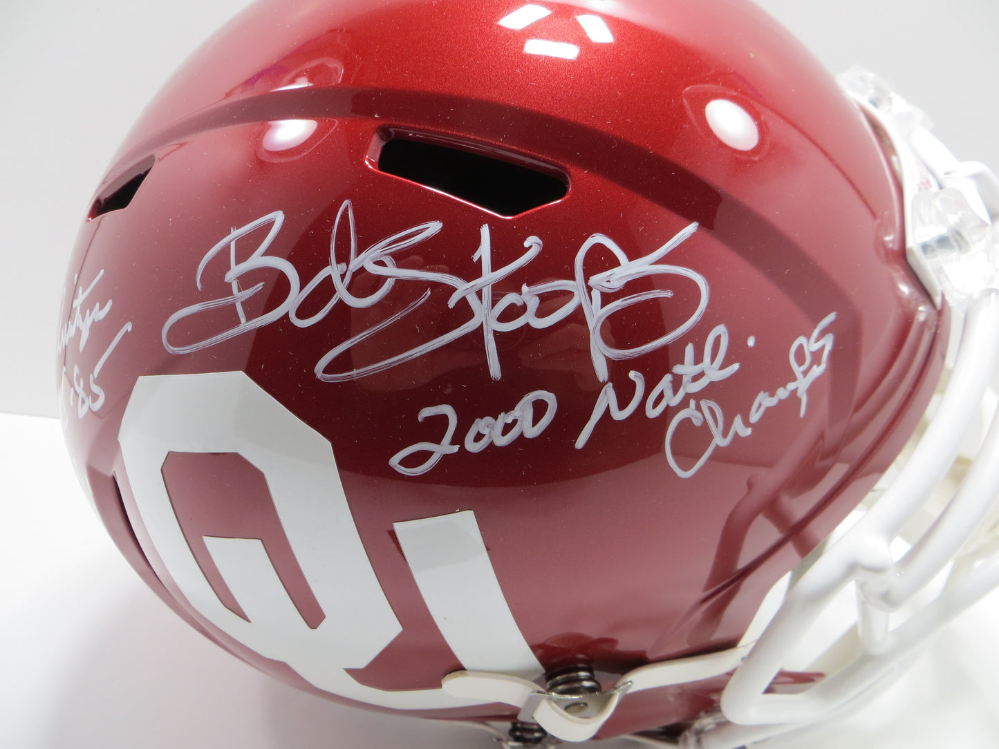 BARRY SWITZER BOB STOOPS SIGNED OKLAHOMA OU SOONERS FULL SIZE HELMET BAS