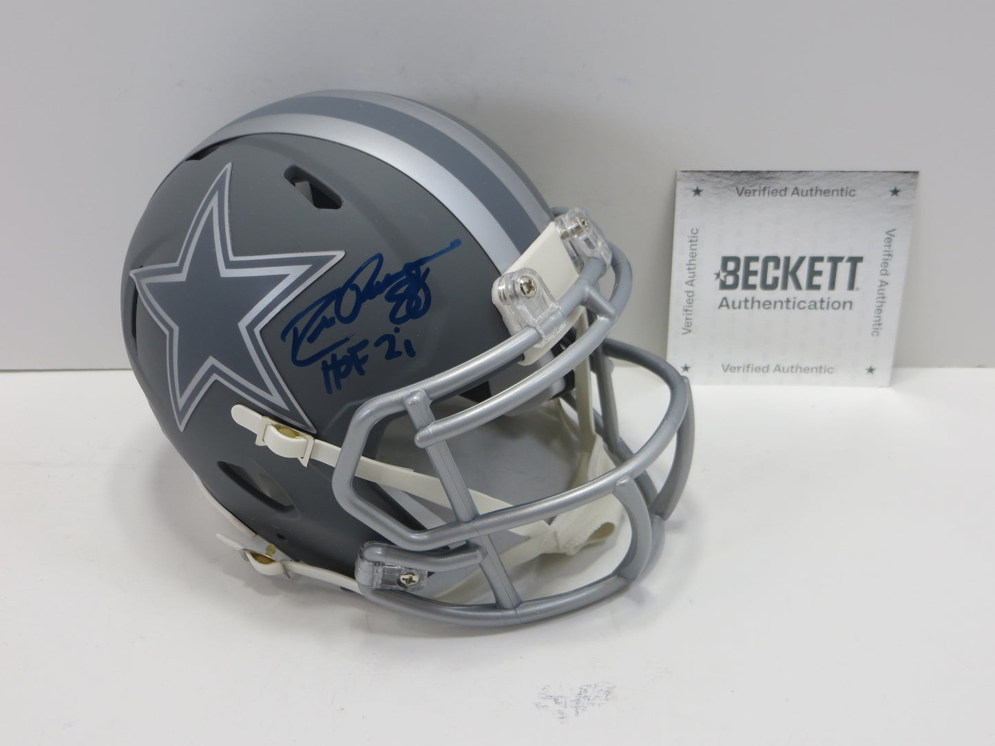 DREW PEARSON DALLAS COWBOYS SIGNED SLATE Mini Helmet w/HOF 21 BAS COA