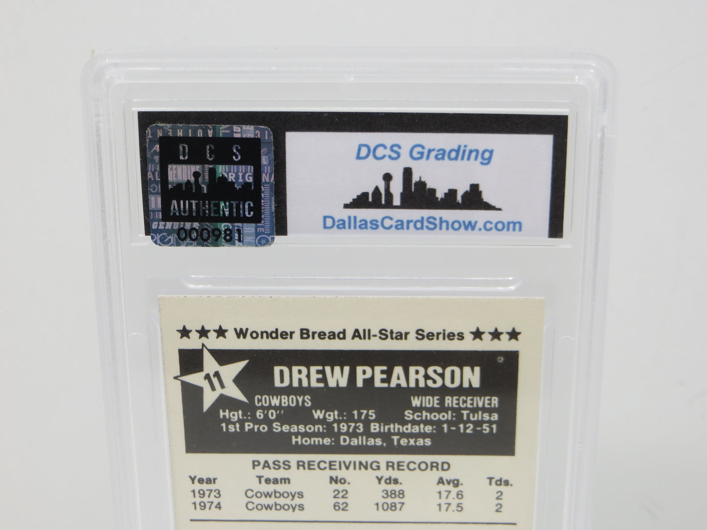 Drew Pearson SIGNED 1975 Wonder Bread All Stars Football Card #11 DCS Authentic SLAB