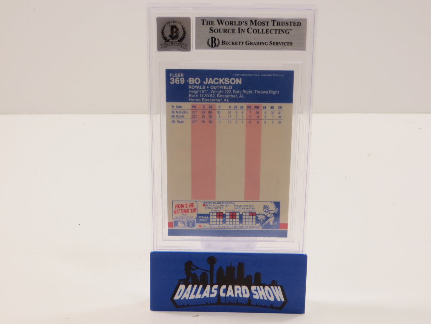 BO JACKSON SIGNED 1987 FLEER #369 KC ROYALS BGS BAS SLAB AUTO 10