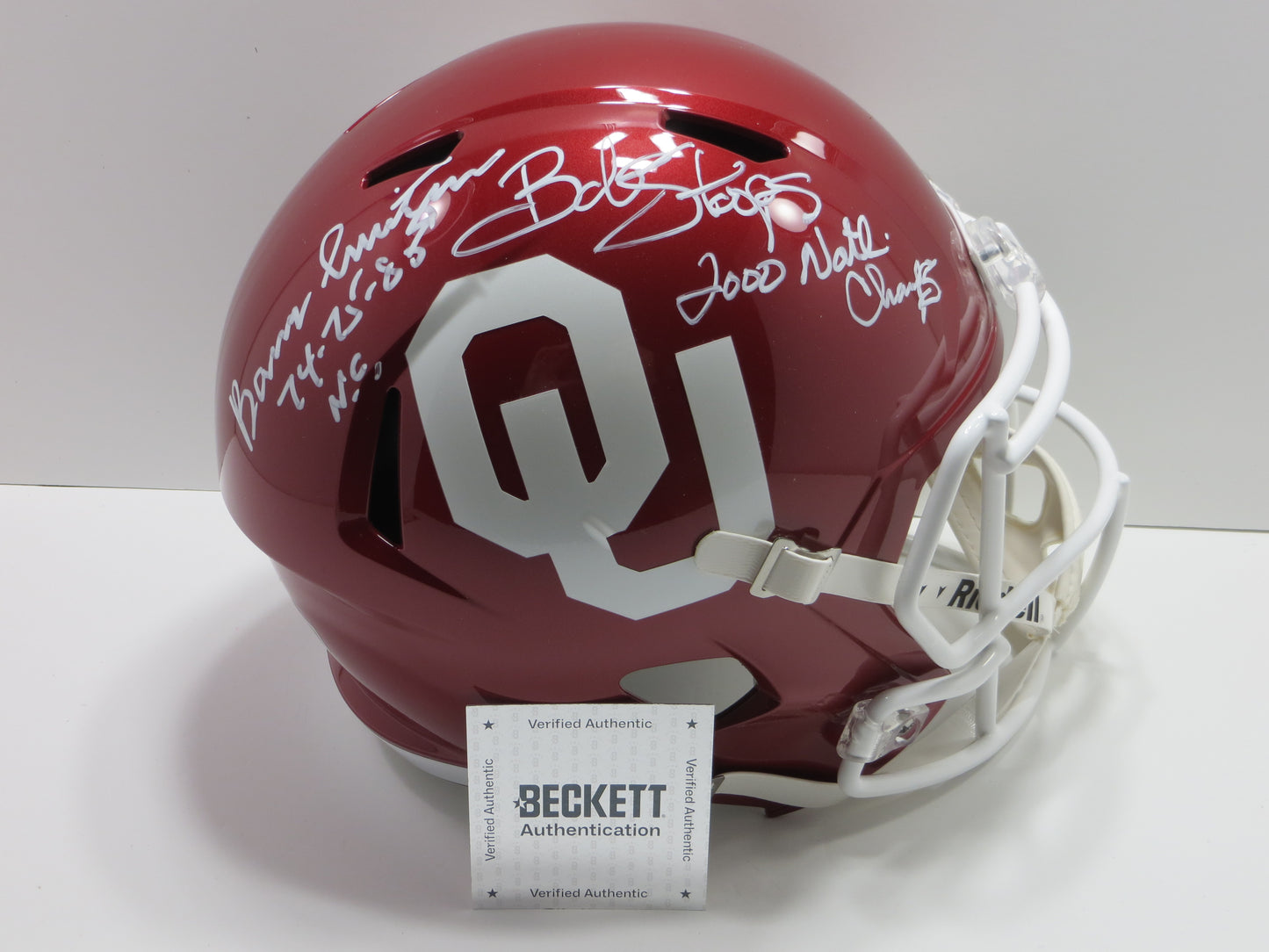 BARRY SWITZER BOB STOOPS SIGNED OKLAHOMA OU SOONERS FULL SIZE HELMET BAS