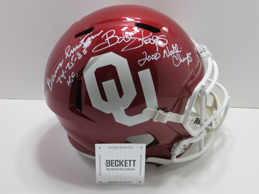 BARRY SWITZER BOB STOOPS SIGNED OKLAHOMA OU SOONERS FULL SIZE HELMET BAS