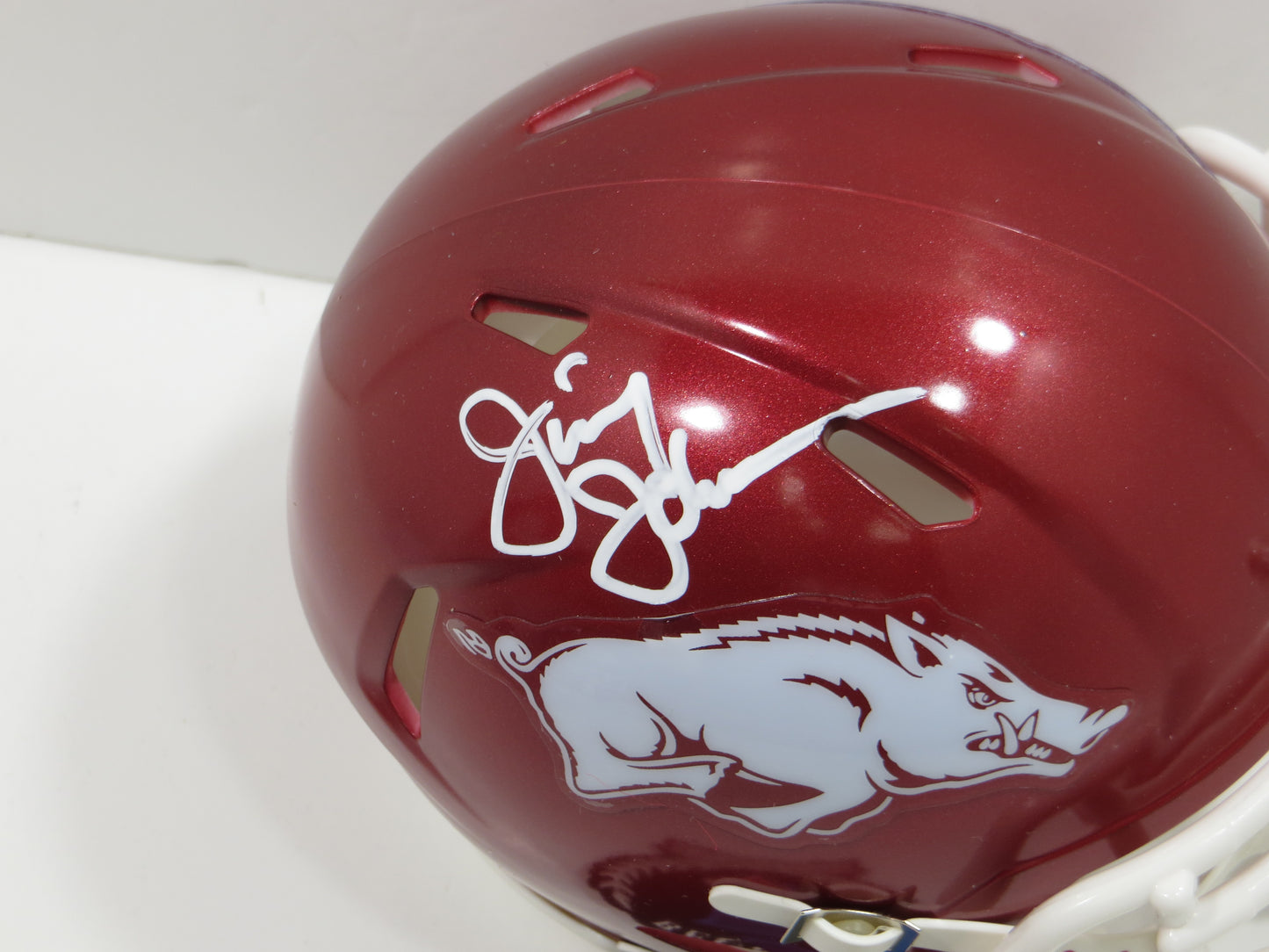 JIMMY JOHNSON SIGNED ARKANSAS RAZORBACKS MINI HELMET Miami Cowboys BAS