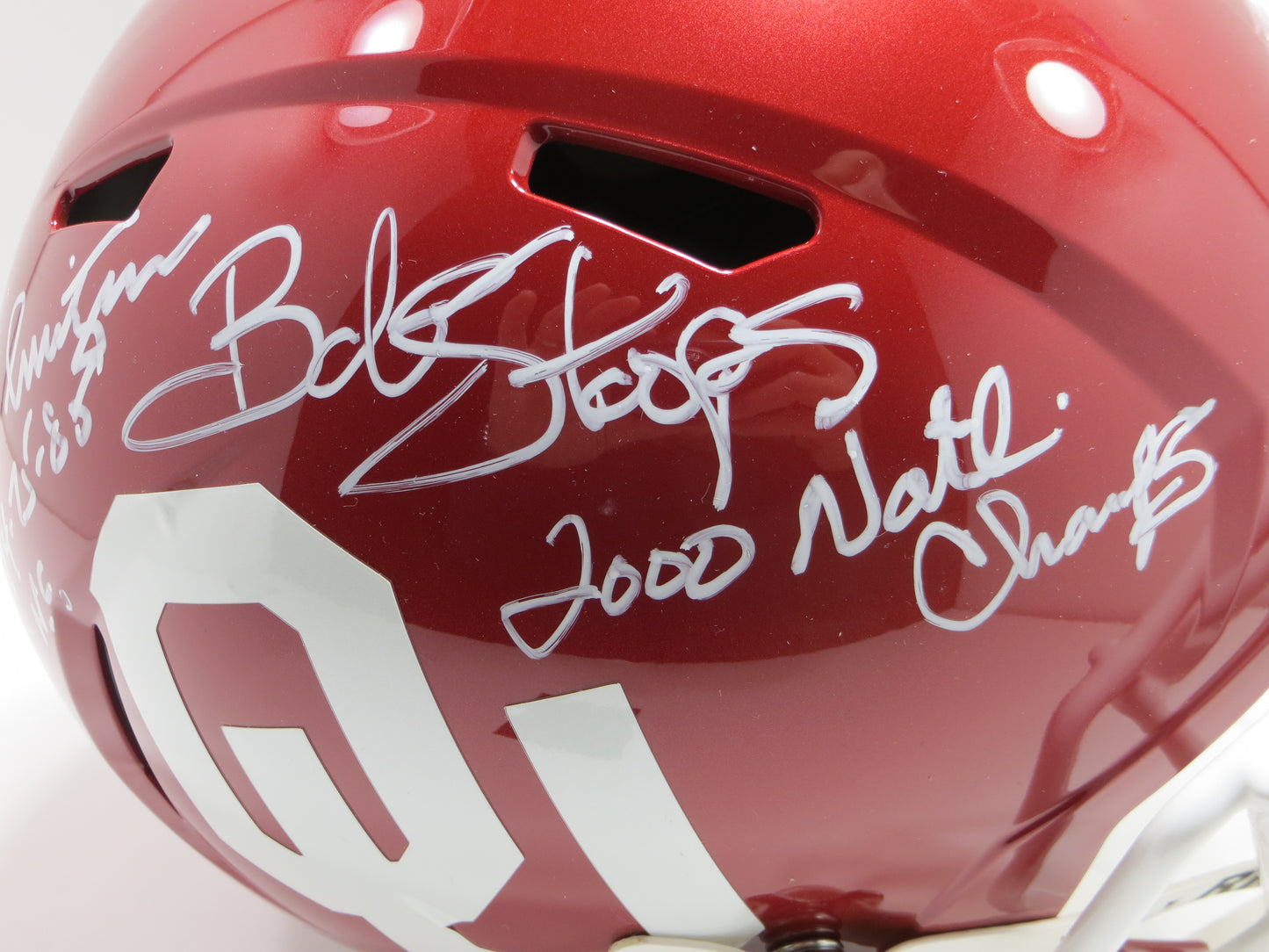 BARRY SWITZER BOB STOOPS SIGNED OKLAHOMA OU SOONERS FULL SIZE HELMET BAS