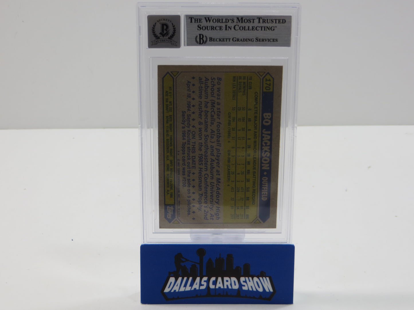 BO JACKSON SIGNED 1987 TOPPS #170 KC ROYALS BGS BAS SLAB AUTO 10