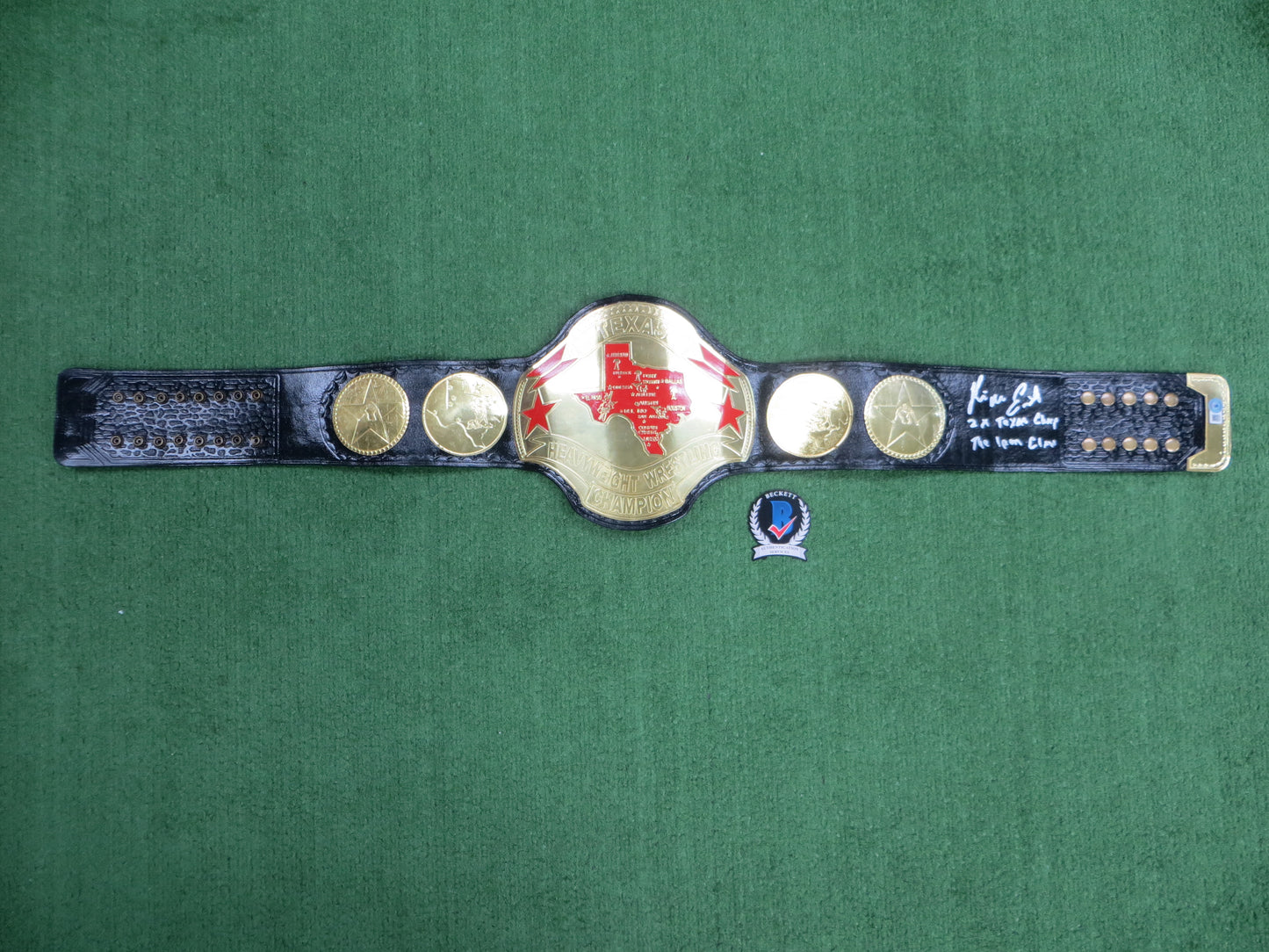 KEVIN VON ERICH SIGNED TEXAS WRESTLING CHAMPION BELT w/INSC Iron Claw BAS