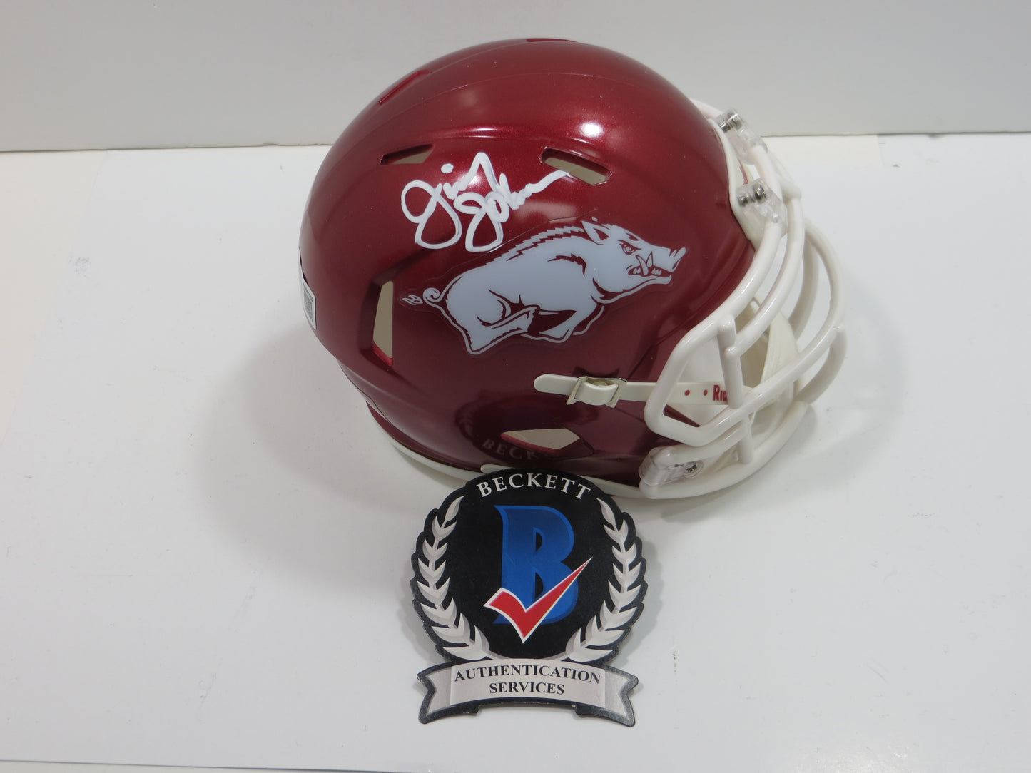 JIMMY JOHNSON SIGNED ARKANSAS RAZORBACKS MINI HELMET Miami Cowboys BAS