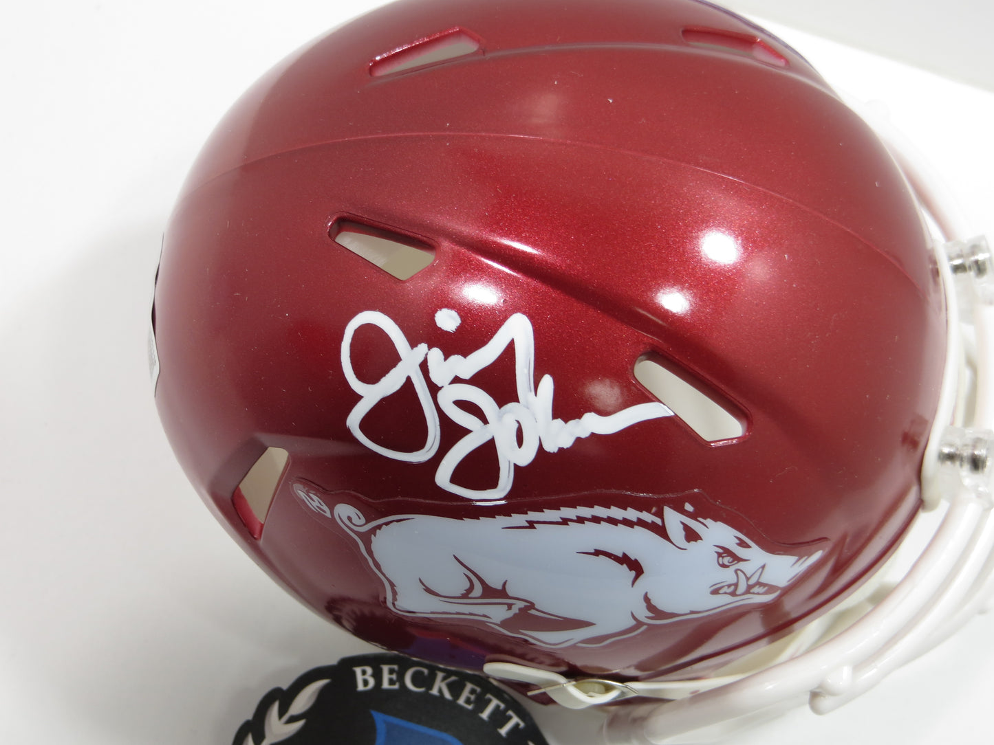 JIMMY JOHNSON SIGNED ARKANSAS RAZORBACKS MINI HELMET Miami Cowboys BAS