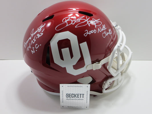 BARRY SWITZER BOB STOOPS SIGNED OKLAHOMA OU SOONERS FULL SIZE HELMET BAS