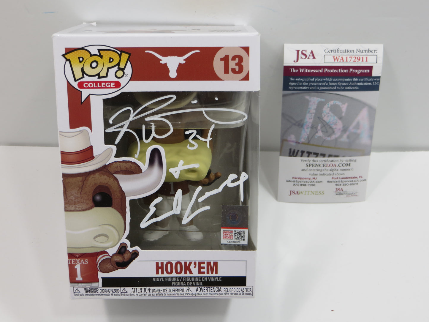 EARL CAMPBELL RICKY WILLIAMS SIGNED BEVO Hook 'Em #13 FUNKO POP BAS JSA COA