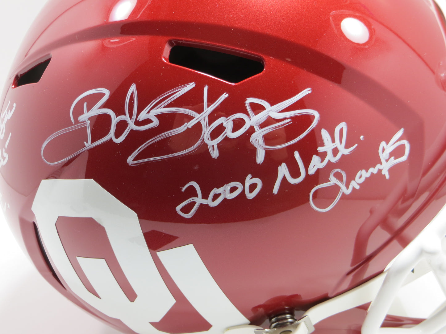 BARRY SWITZER BOB STOOPS SIGNED OKLAHOMA OU SOONERS FULL SIZE HELMET BAS