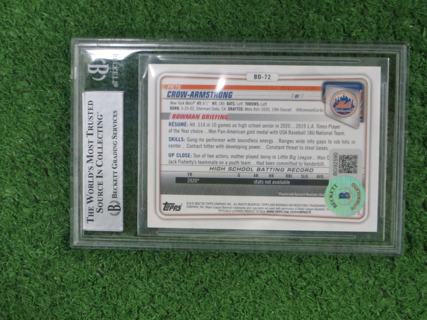 PETE CROW-ARMSTRONG SIGNED 2020 Bowman Draft 1st CHICAGO CUBS BAS Slab