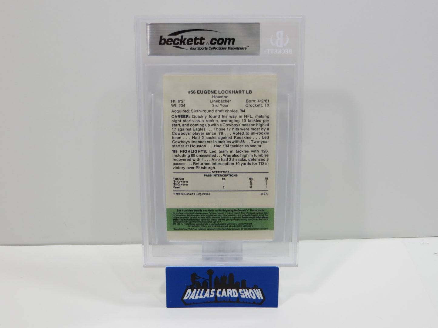 EUGENE LOCKHART SIGNED 1986 McDONALDs COWBOYS BGS BAS SLAB DALLAS COWBOYS