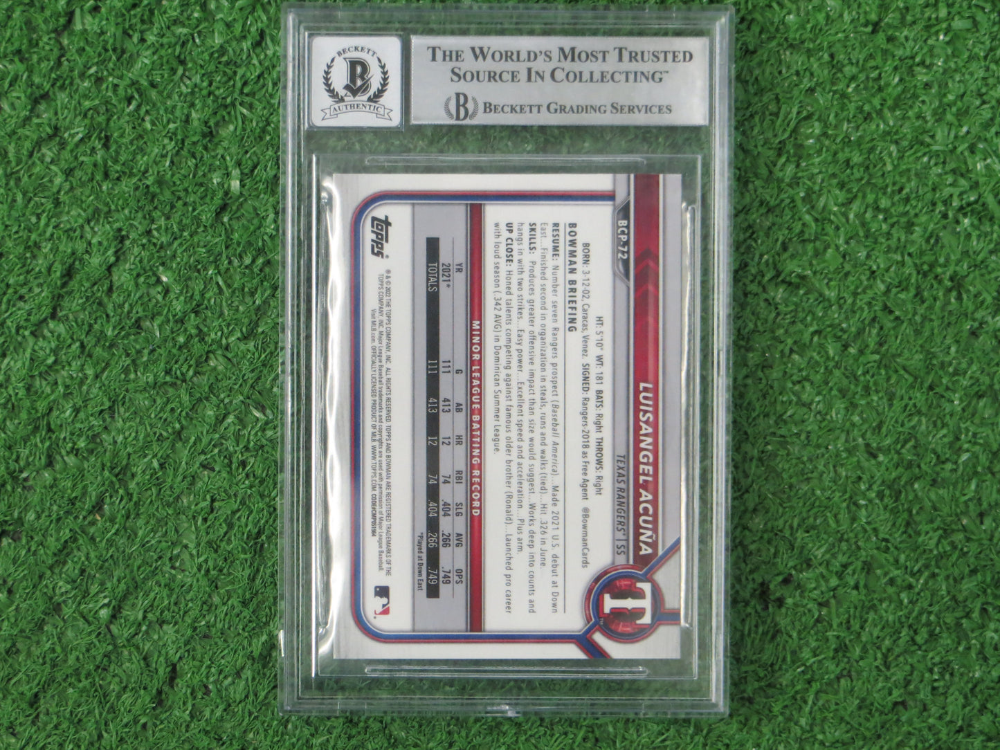 LUIS ANGEL ACUNA SIGNED 22 Bowman Chrome Sapphire Prospect BAS SLAB