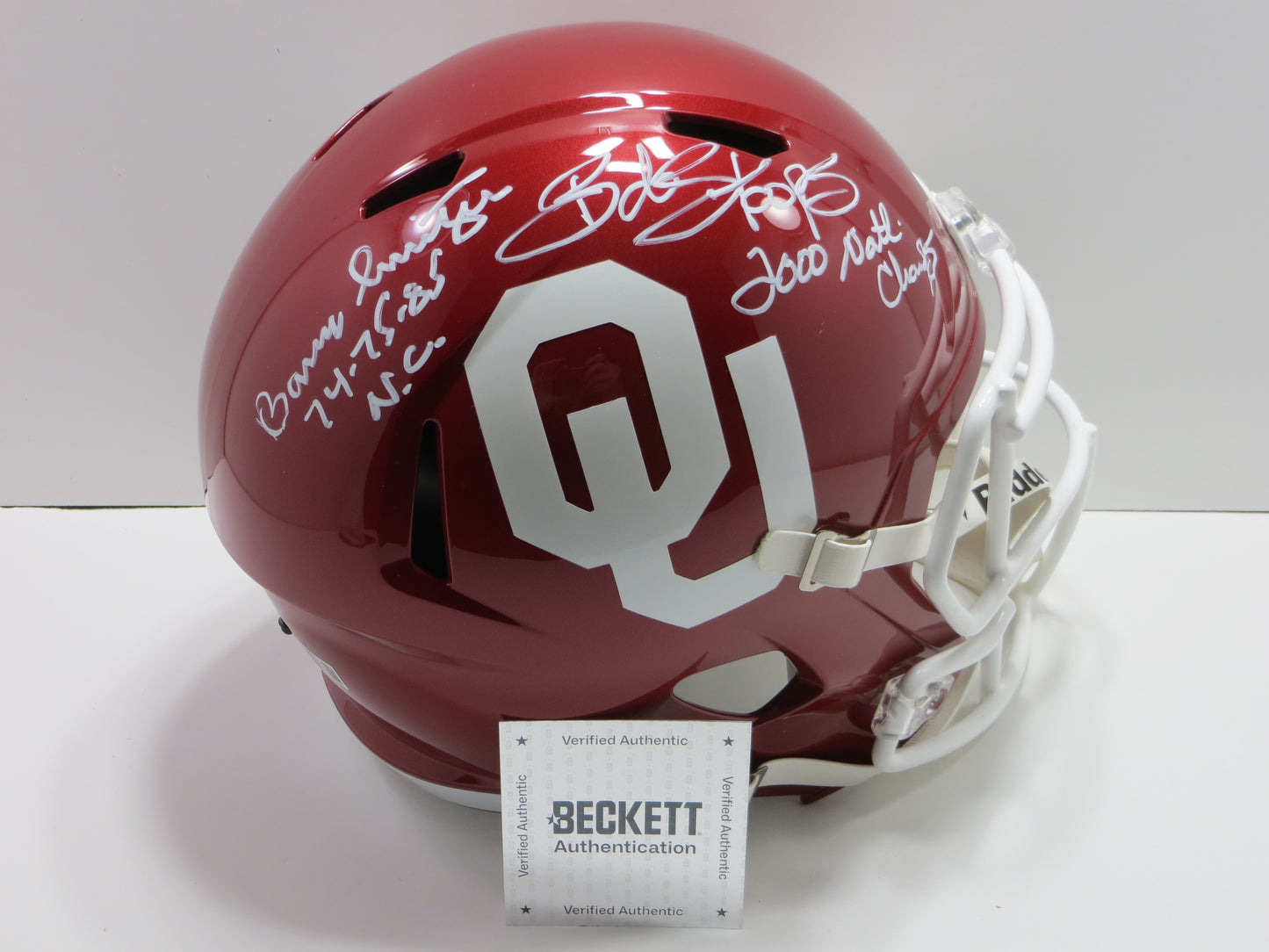 BARRY SWITZER BOB STOOPS SIGNED OKLAHOMA OU SOONERS FULL SIZE HELMET BAS