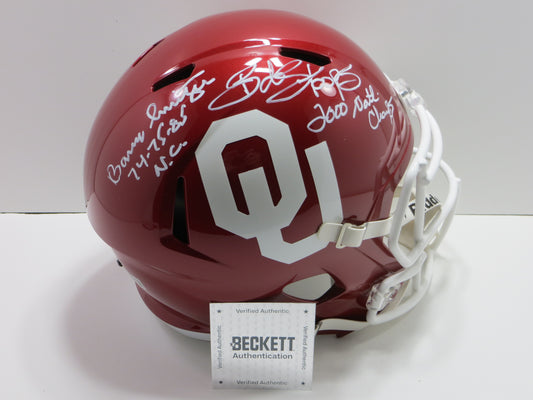 BARRY SWITZER BOB STOOPS SIGNED OKLAHOMA OU SOONERS FULL SIZE HELMET BAS