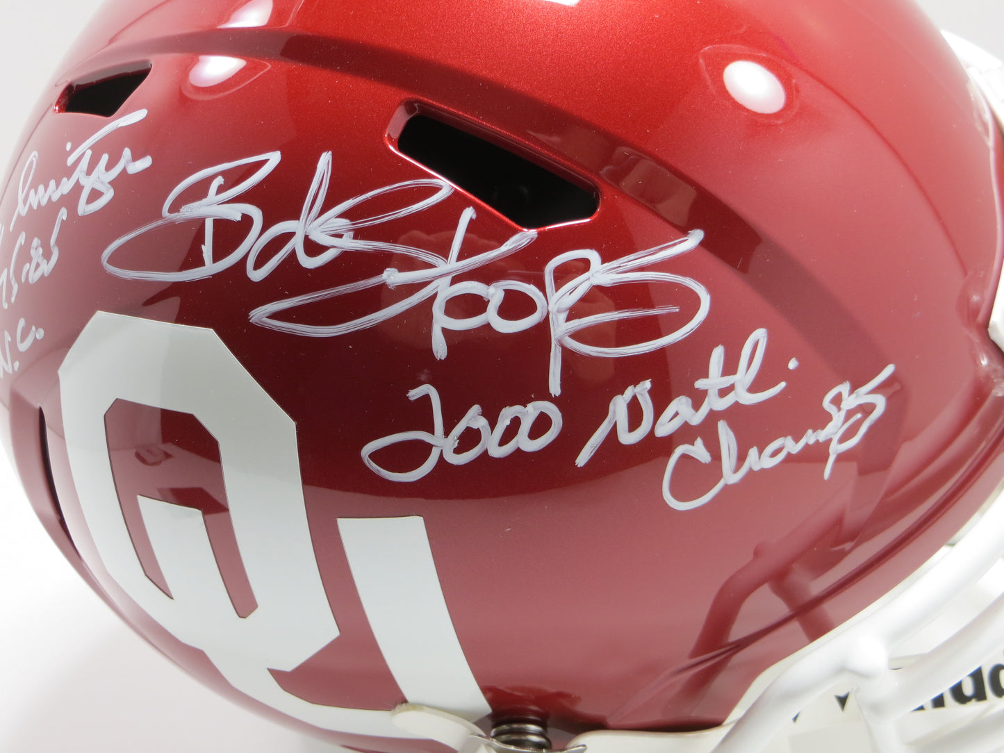 BARRY SWITZER BOB STOOPS SIGNED OKLAHOMA OU SOONERS FULL SIZE HELMET BAS