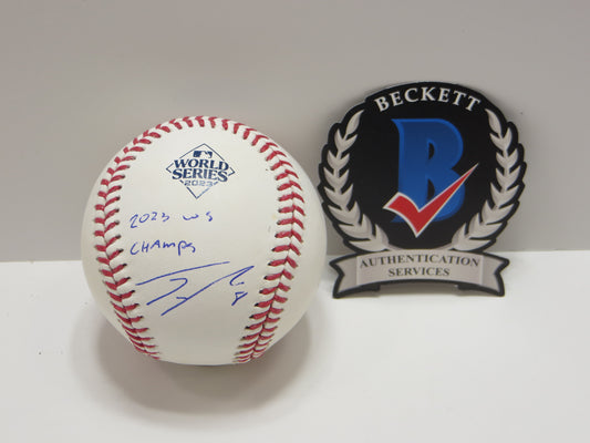 JOSH SMITH TEXAS RANGERS SIGNED OFFICIAL 2023 WORLD SERIES BASEBALL w/INSC BAS