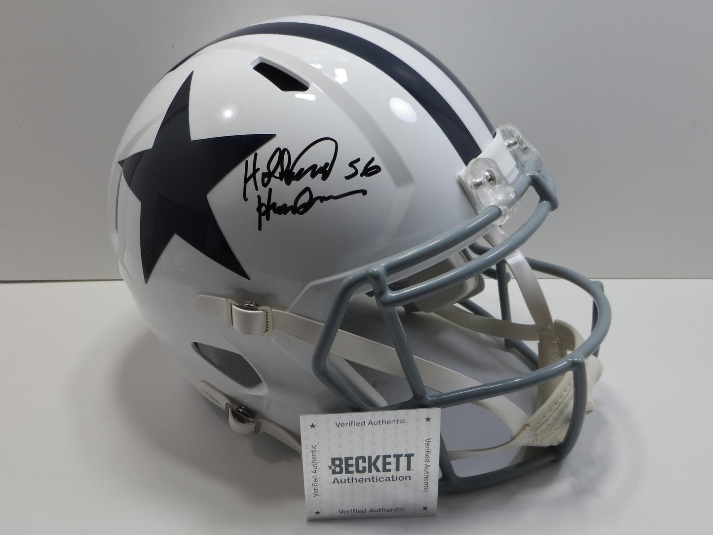 THOMAS HOLLYWOOD HENDERSON SIGNED DALLAS COWBOYS FULL SIZE WHITE THROWBACK HELMET BAS