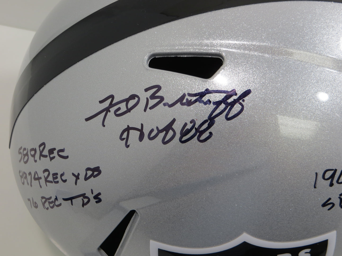 FRED BILETNIKOFF OAKLAND RAIDERS SIGNED RIDDELL FULL SIZE HELMET w/8 INSC BAS
